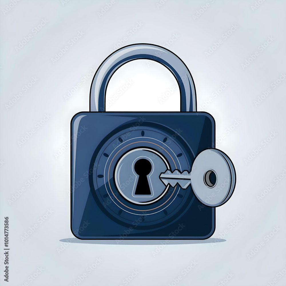 A dark blue metal padlock with a keyhole and a key next to it, on a light background A dark blue metal padlock with a keyhole and a key next to it, on a light background