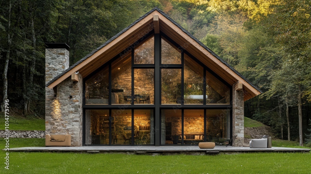 A modern stone cabin featuring a large glass facade, surrounded by dense forest, providing a peaceful and nature-f
A modern stone cabin featuring a large glass facade, surrounded by dense forest, providing a peaceful and nature-f