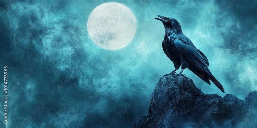 Fototapeta premium A mystical raven perched on a rocky ledge under a full moon, surrounded by ethereal clouds. Perfect for dark fantasy themes.