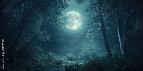 A mystical forest bathed in moonlight, creating an enchanting atmosphere with shadows and soft luminescence.