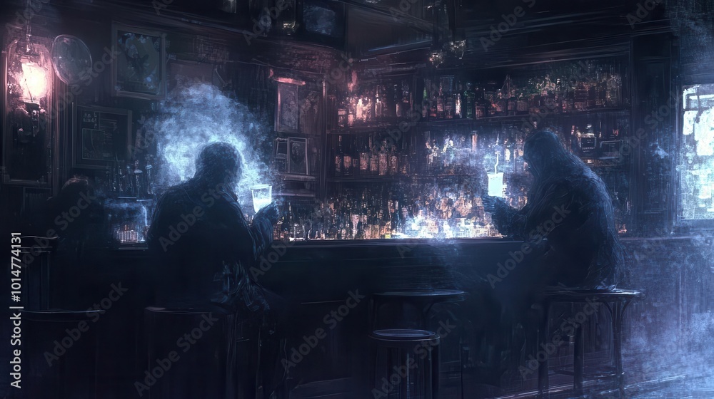 An illustration of a ghost drinking at a bar. An illustration of a ghost drinking at a bar.