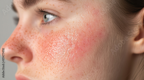 Detailed Portrait of Rubella on Face Showcasing Fine Pink Rash on Cheeks and Forehead