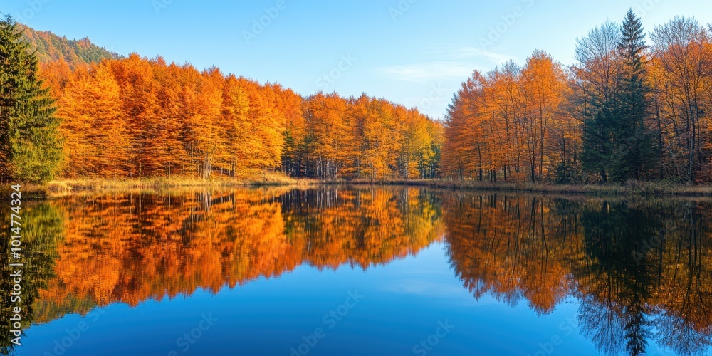 Obraz premium A serene autumn landscape featuring vibrant orange trees reflecting on a calm lake under a clear blue sky.