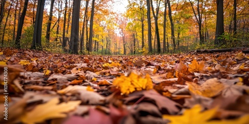 A serene autumn landscape with vibrant leaves covering the forest floor, creating a picturesque scene of seasonal beauty.