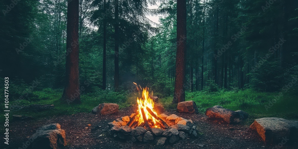 A serene campfire surrounded by tall trees, creating a cozy atmosphere amidst the tranquil forest, perfect for outdoor adventures. A serene campfire surrounded by tall trees, creating a cozy atmosphere amidst the tranquil forest, perfect for outdoor adventures.