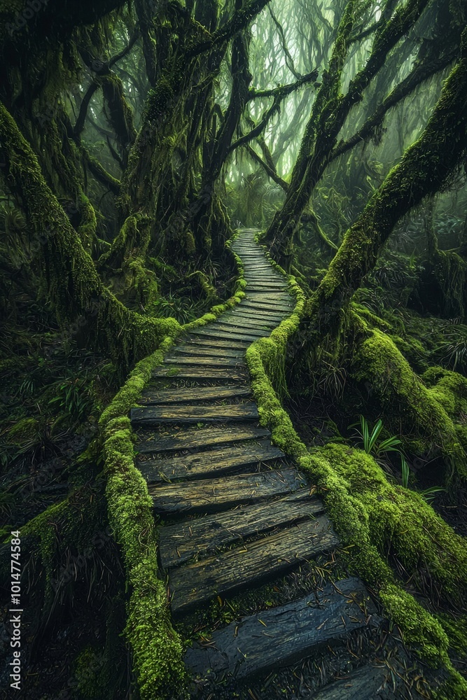 Fototapeta premium Aa wooden pathway through a mossy forest, highly detailed, bright exposure