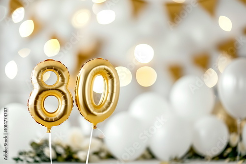 Golden helium floating balloons made in shape of number eighty. Birthday jubilee party or wedding anniversary for 80 years celebration. Elegant white decorations	
