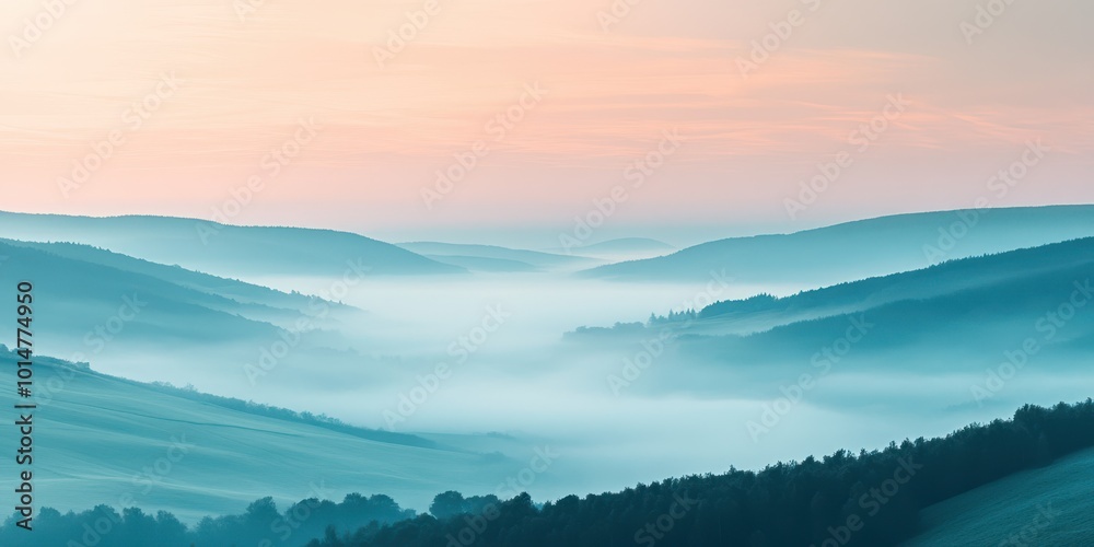 Fototapeta premium A serene landscape of rolling hills shrouded in mist, bathed in soft pastel colors at dawn, creating a tranquil atmosphere.