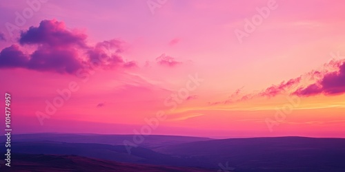 A serene landscape showcasing a breathtaking pink and purple sunset over rolling hills and soft clouds in the sky.