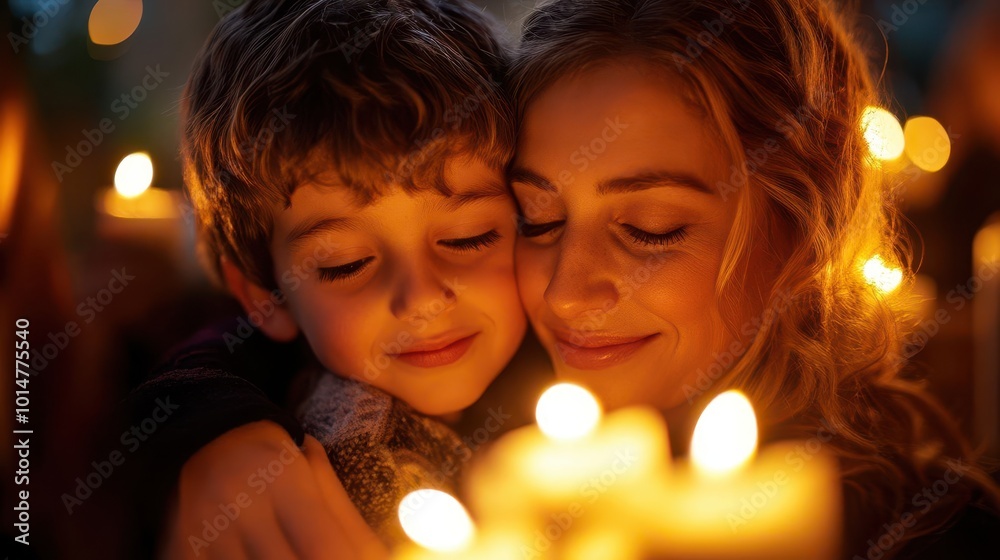 Family embracing after Yom Kippur services, standing in the soft glow of a synagogue's candles. Mid-angle shot capturing the emotional release and connection. Family embracing after Yom Kippur services, standing in the soft glow of a synagogue's candles. Mid-angle shot capturing the emotional release and connection.
