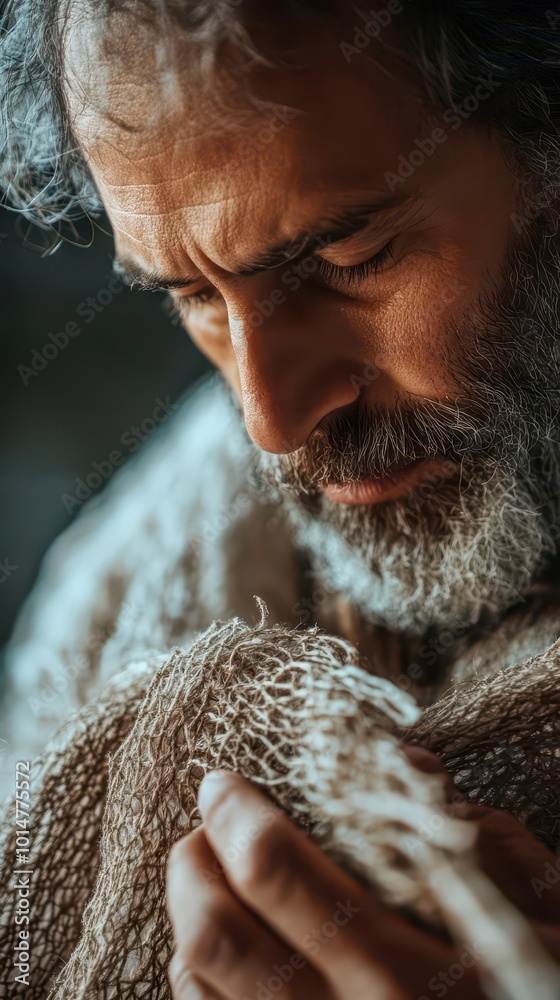 Jewish man tying the fringes of his tallit before Yom Kippur prayer, softly lit by natural light. Close-up shot with a focus on the intricate details and textures. Jewish man tying the fringes of his tallit before Yom Kippur prayer, softly lit by natural light. Close-up shot with a focus on the intricate details and textures.