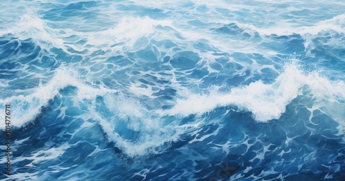 A beautiful photorealistic view of the sea surface, with waves breaking and splashing water, capturing intricate details in shades of blue and white