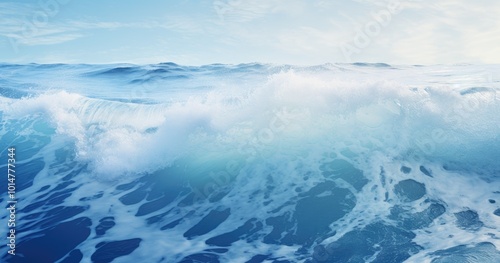 A beautiful photorealistic view of the sea surface, with waves breaking and splashing water, capturing intricate details in shades of blue and white