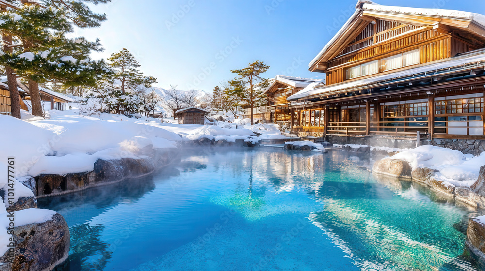 serene outdoor hot spring surrounded by snow covered trees and traditional wooden architecture, creating peaceful winter retreat serene outdoor hot spring surrounded by snow covered trees and traditional wooden architecture, creating peaceful winter retreat