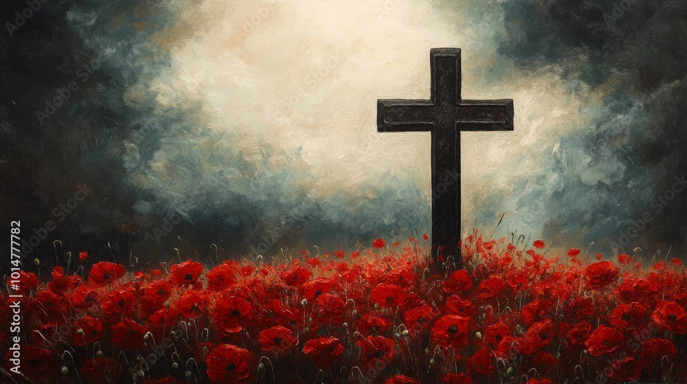 Detailed painting of a remembrance cross with a field of red poppies, symbolizing peace and sacrifice. Detailed painting of a remembrance cross with a field of red poppies, symbolizing peace and sacrifice.