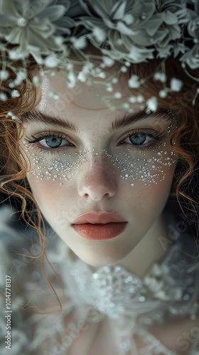 Dreamy Portrait of a Woman with Floral Crown and Glitter Makeup