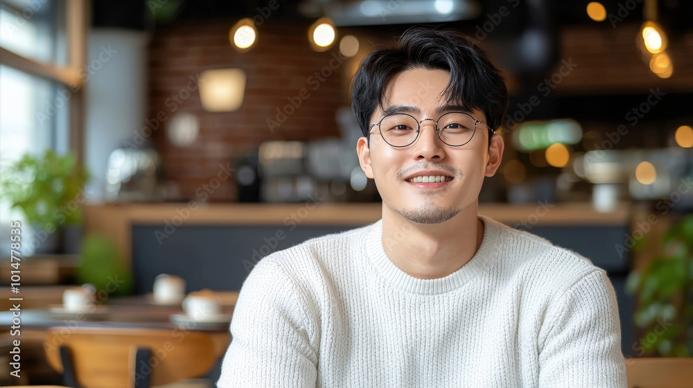 Obraz premium smiling man with glasses in cozy cafe setting, wearing light sweater. warm atmosphere and soft lighting create welcoming vibe
