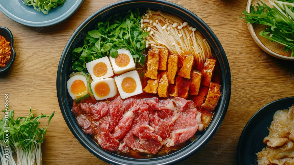 Delicious hot pot featuring fresh ingredients like beef, vegetables, and eggs, creating vibrant and inviting meal experience Delicious hot pot featuring fresh ingredients like beef, vegetables, and eggs, creating vibrant and inviting meal experience