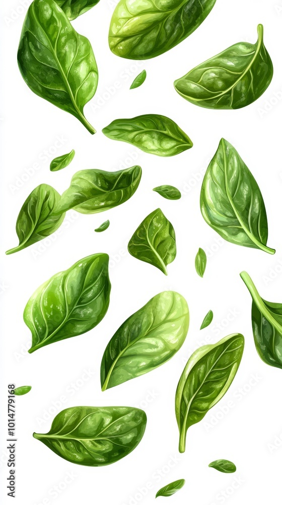 Falling Spinach Leaves Isolated on White Background Realistic and Fresh Green Ingredients. Generative AI Falling Spinach Leaves Isolated on White Background Realistic and Fresh Green Ingredients. Generative AI