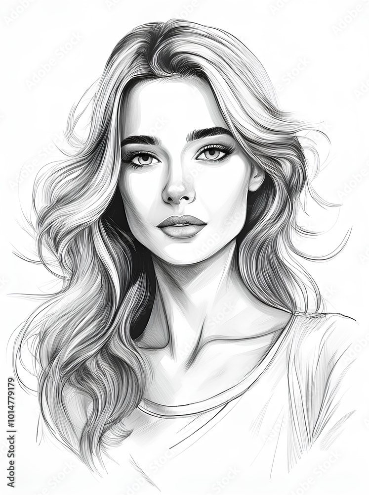 Black and white portrait of a beautiful woman on a white background, pencil drawing Black and white portrait of a beautiful woman on a white background, pencil drawing