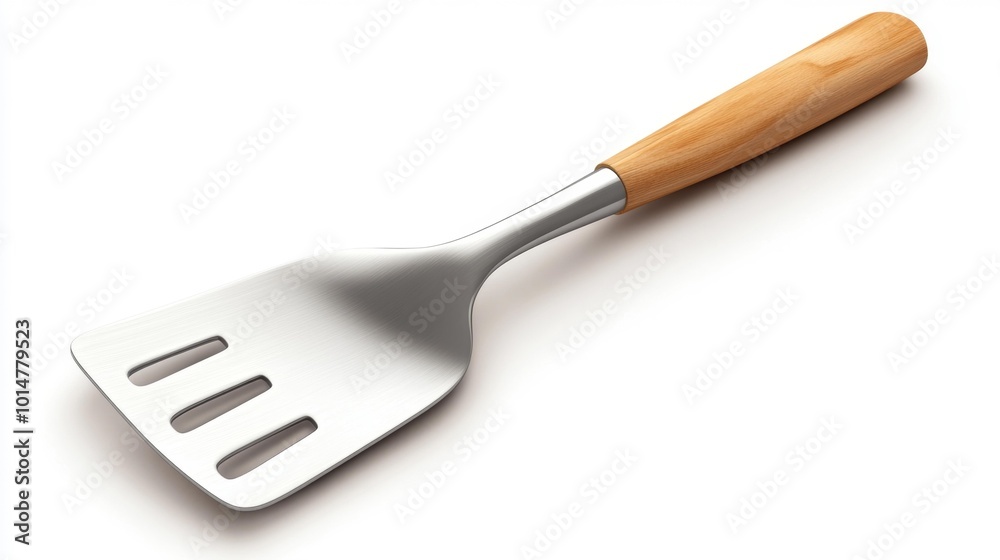 Realistic stainless steel kitchen spatula with a wooden handle isolated on a white background high-quality image for cooking and kitchenware designs.. Generative AI Realistic stainless steel kitchen spatula with a wooden handle isolated on a white background high-quality image for cooking and kitchenware designs.. Generative AI