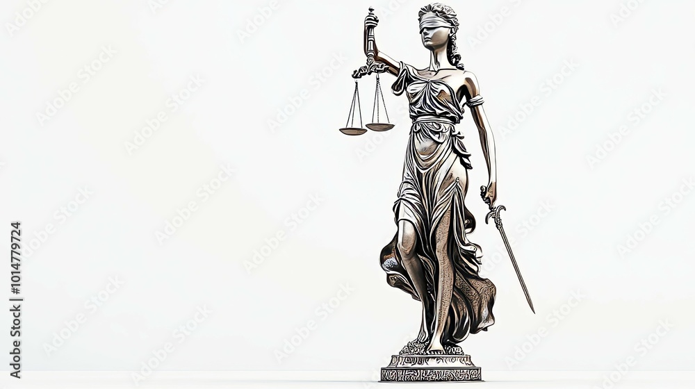 Statue of Lady Justice isolated on white, low angle view. Symbol of fair treatment under law Statue of Lady Justice isolated on white, low angle view. Symbol of fair treatment under law