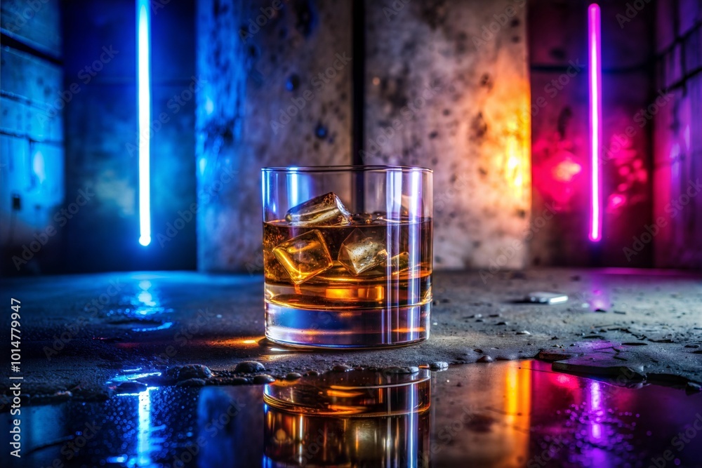 Whiskey with ice on concrete floor in neon glow Whiskey with ice on concrete floor in neon glow