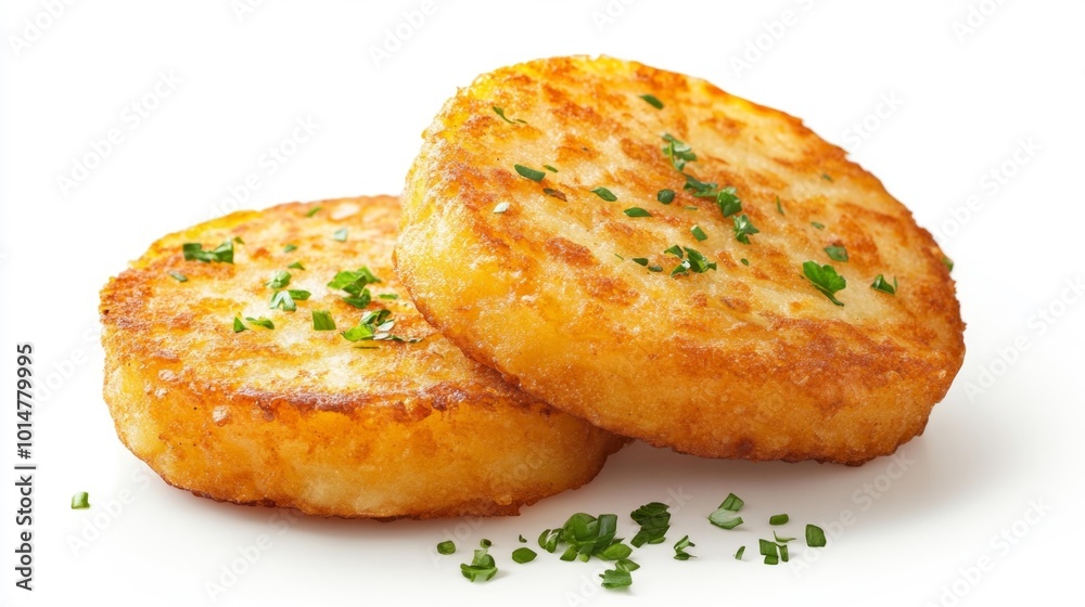 Crispy hash browns with fresh herbs on a white background isolated ideal for breakfast and food-related projects. Generative AI Crispy hash browns with fresh herbs on a white background isolated ideal for breakfast and food-related projects. Generative AI