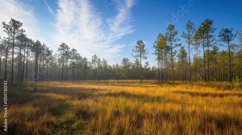 Longleaf pine savanna in De Soto National Forest captured with Nikon D850. Stunning natural light photography in National Geographic style. High-resolution landscape imagery.