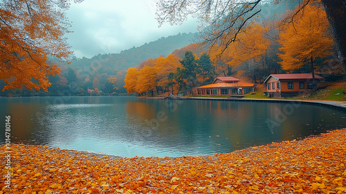 autumn landscape. View of the lake in the fall season. yellowed leaves and defoliation. colorful scenery of autumn. Yedigoller, Bolu. Turkey
 photo