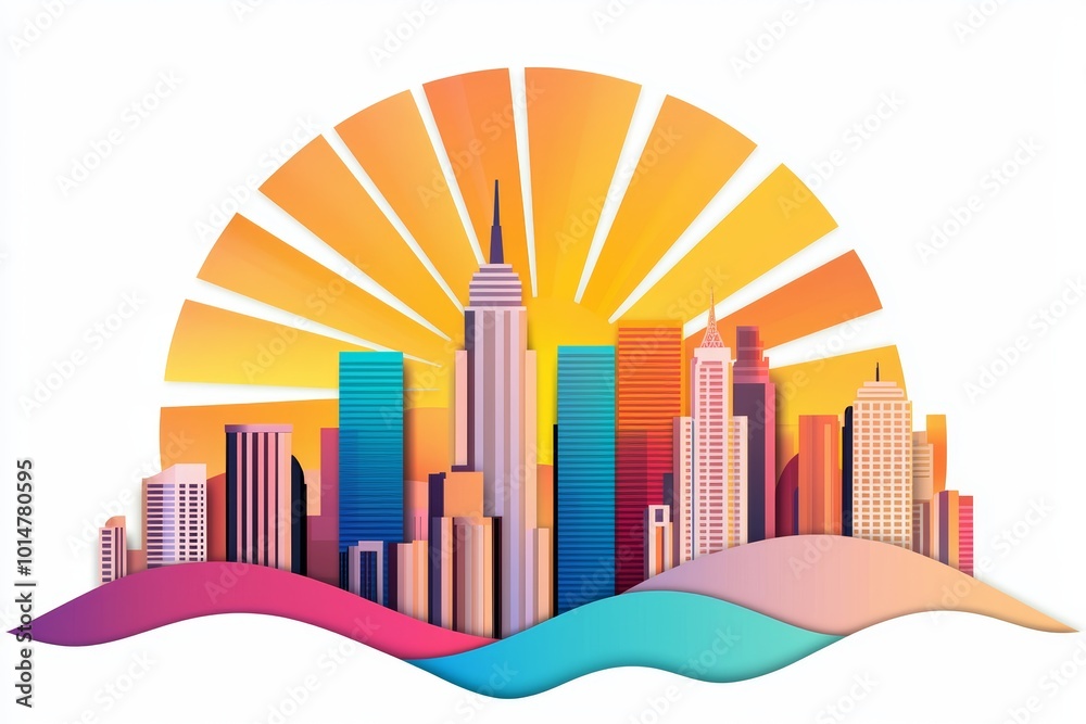 Design a captivating frontal view banner showcasing a vibrant cityscape, Highlight the iconic landmarks in a modern and artistic style Design a captivating frontal view banner showcasing a vibrant cityscape, Highlight the iconic landmarks in a modern and artistic style