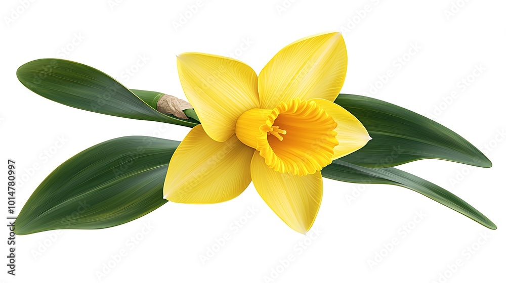 Single Yellow Daffodil Flower with Green Leaves Isolated on White Background Single Yellow Daffodil Flower with Green Leaves Isolated on White Background