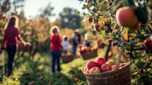 Rustic apple orchard at harvest, families picking apples  trees, baskets full of fruit, warm autumn colors