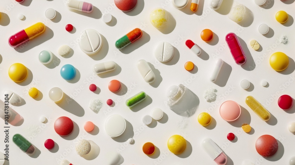 Variety of pills and capsules on a white background arranged in a random pattern showing different shapes sizes and colors realistic and high-quality close-up image. Generative AI Variety of pills and capsules on a white background arranged in a random pattern showing different shapes sizes and colors realistic and high-quality close-up image. Generative AI