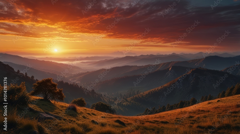 Realistic illustration of a sunrise landscape behind the mountains with beautiful orange light in the sky that is pleasing to the eye Realistic illustration of a sunrise landscape behind the mountains with beautiful orange light in the sky that is pleasing to the eye