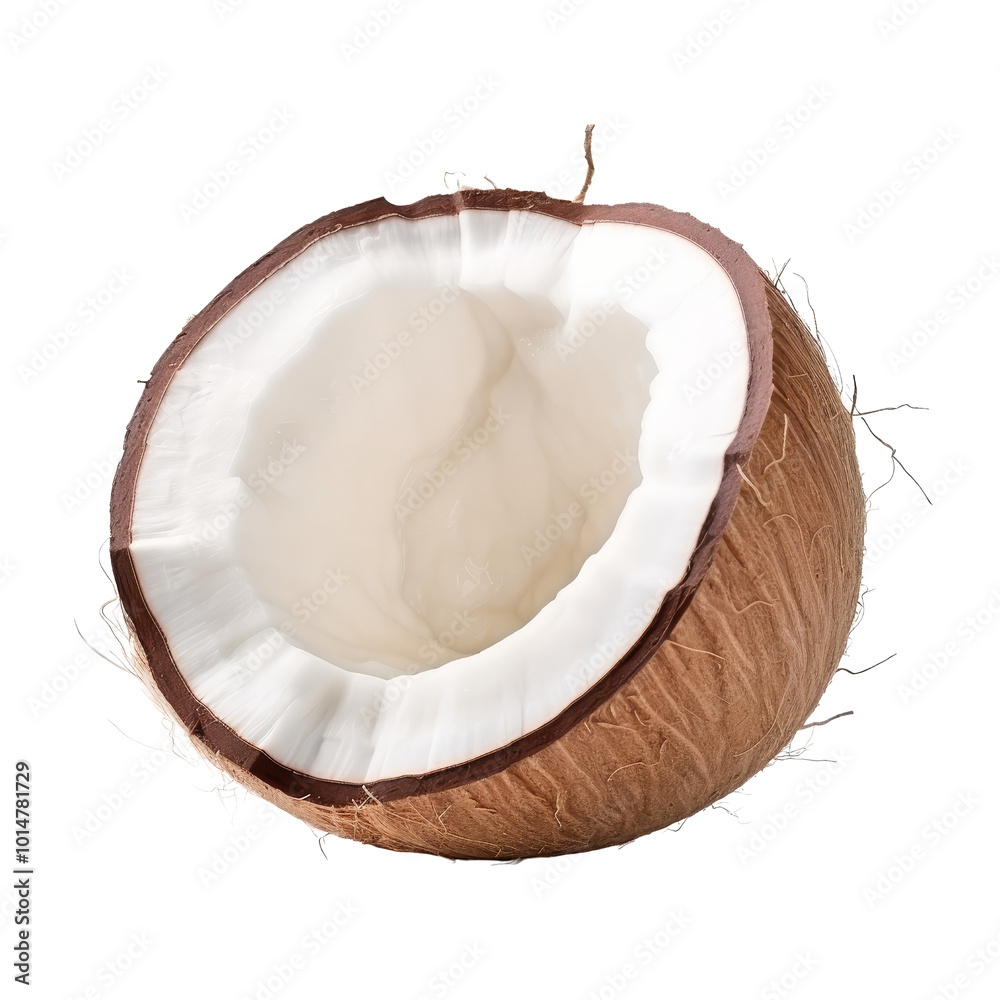 Fresh Coconut Halved Revealing Soft White Edible Meat Inside.