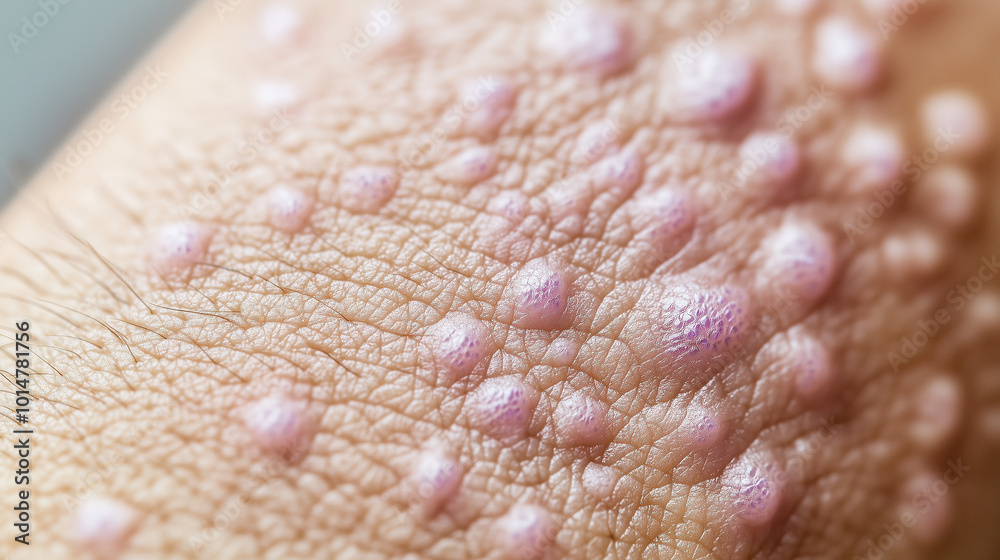 Fototapeta premium Detailed Macro Shot of Lichen Planus: Purplish Bumps and Skin Texture Analysis