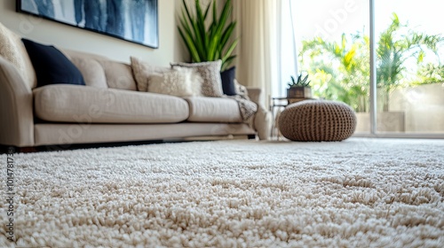 Fluffy carpet and stylish furniture on floor indoors, low angle view