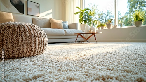 Fluffy carpet and stylish furniture on floor indoors, low angle view