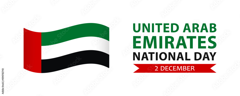 National Day of UAE, simple minimalist web banner design. Text United Arab Emirates National Day, 2 december and flag of UAE isolated on white background. National Day of UAE, simple minimalist web banner design. Text United Arab Emirates National Day, 2 december and flag of UAE isolated on white background.