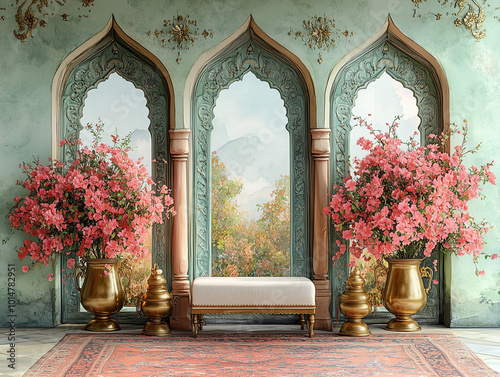 A watercolor illustration of a grand ballroom setup featuring a royal ottoman, placed in front of three large, soft pastel green arches in the background