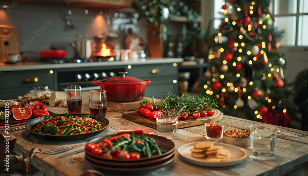 A modern kitchen scene with a completely plant-based christmas meal, featuring a festive table setting, various vegan dishes, and a decorated christmas tree in the background A modern kitchen scene with a completely plant-based christmas meal, featuring a festive table setting, various vegan dishes, and a decorated christmas tree in the background