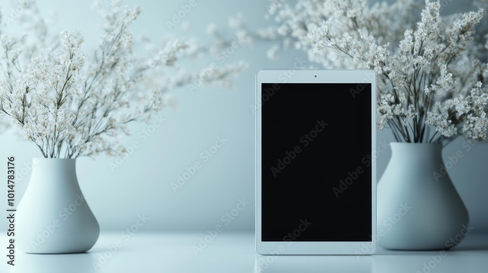 Minimalist image of a tablet with a blank screen on a white background perfect for tech product design and presentation projects. Generative AI Minimalist image of a tablet with a blank screen on a white background perfect for tech product design and presentation projects. Generative AI