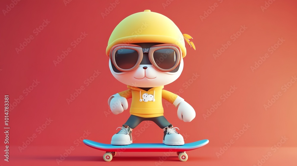 A 3D cartoon character in a yellow hoodie and sunglasses skateboarding on a red background. A 3D cartoon character in a yellow hoodie and sunglasses skateboarding on a red background.