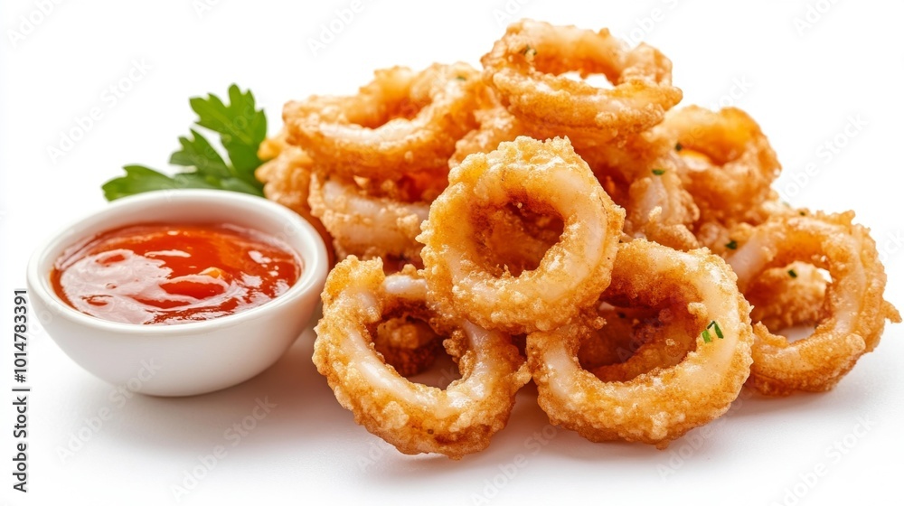 Crispy golden fried calamari rings with a side of red dipping sauce isolated on a white background appetizing seafood dish.. Generative AI Crispy golden fried calamari rings with a side of red dipping sauce isolated on a white background appetizing seafood dish.. Generative AI