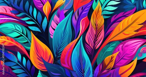 A beautiful vibrant and colorful pattern featuring bold, abstract shapes in various shades of green, orange, pink, blue, yellow, white and purple, and black, reminiscent of tropical flowers like