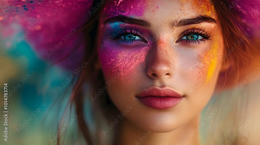 Colorful Face Art Close-Up with Vibrant Splashes of Paint and Blue Eyes_1 Colorful Face Art Close-Up with Vibrant Splashes of Paint and Blue Eyes_1