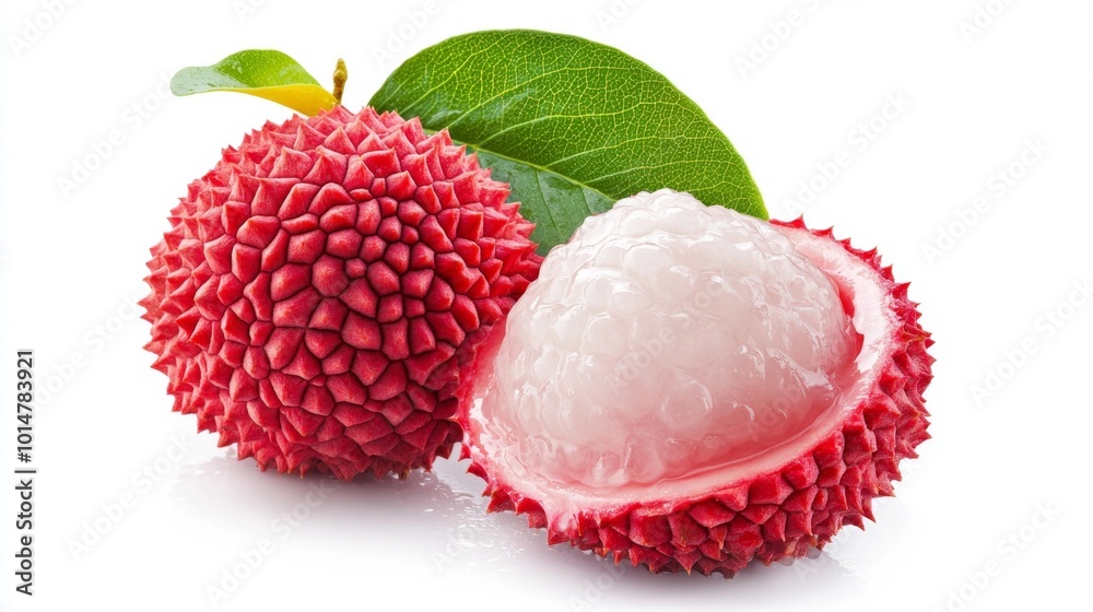 Fresh whole lychee and one lychee cut in half with leaves isolated on a white background showcasing the bright pink exterior and juicy translucent flesh inside.. Generative AI Fresh whole lychee and one lychee cut in half with leaves isolated on a white background showcasing the bright pink exterior and juicy translucent flesh inside.. Generative AI