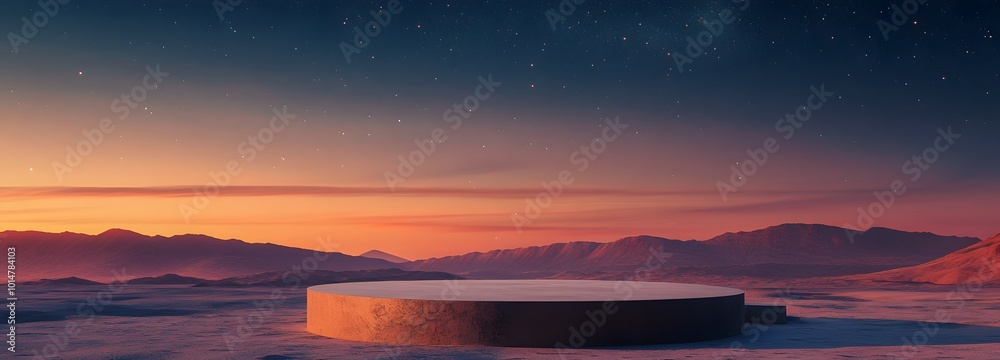 Fototapeta premium 1. A minimal podium set against a stark desert landscape, under a gradient sky transitioning from deep twilight to starry night, providing an ideal backdrop for product presentation with ample copy