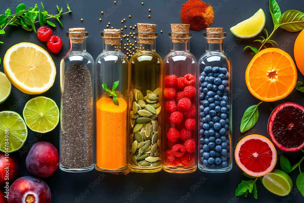 An assortment of vibrant fruits, including citrus and berries, complements several glass bottles filled with natural ingredients and spices on a dark background An assortment of vibrant fruits, including citrus and berries, complements several glass bottles filled with natural ingredients and spices on a dark background